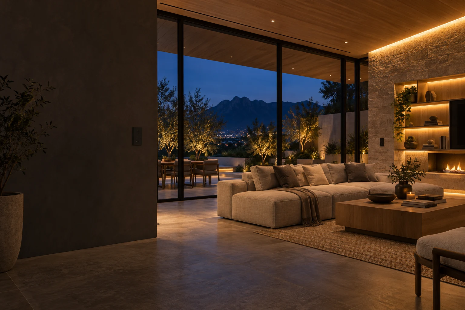 Concepto de una sala contemporánea con iluminación cálida y terraza al anochecer